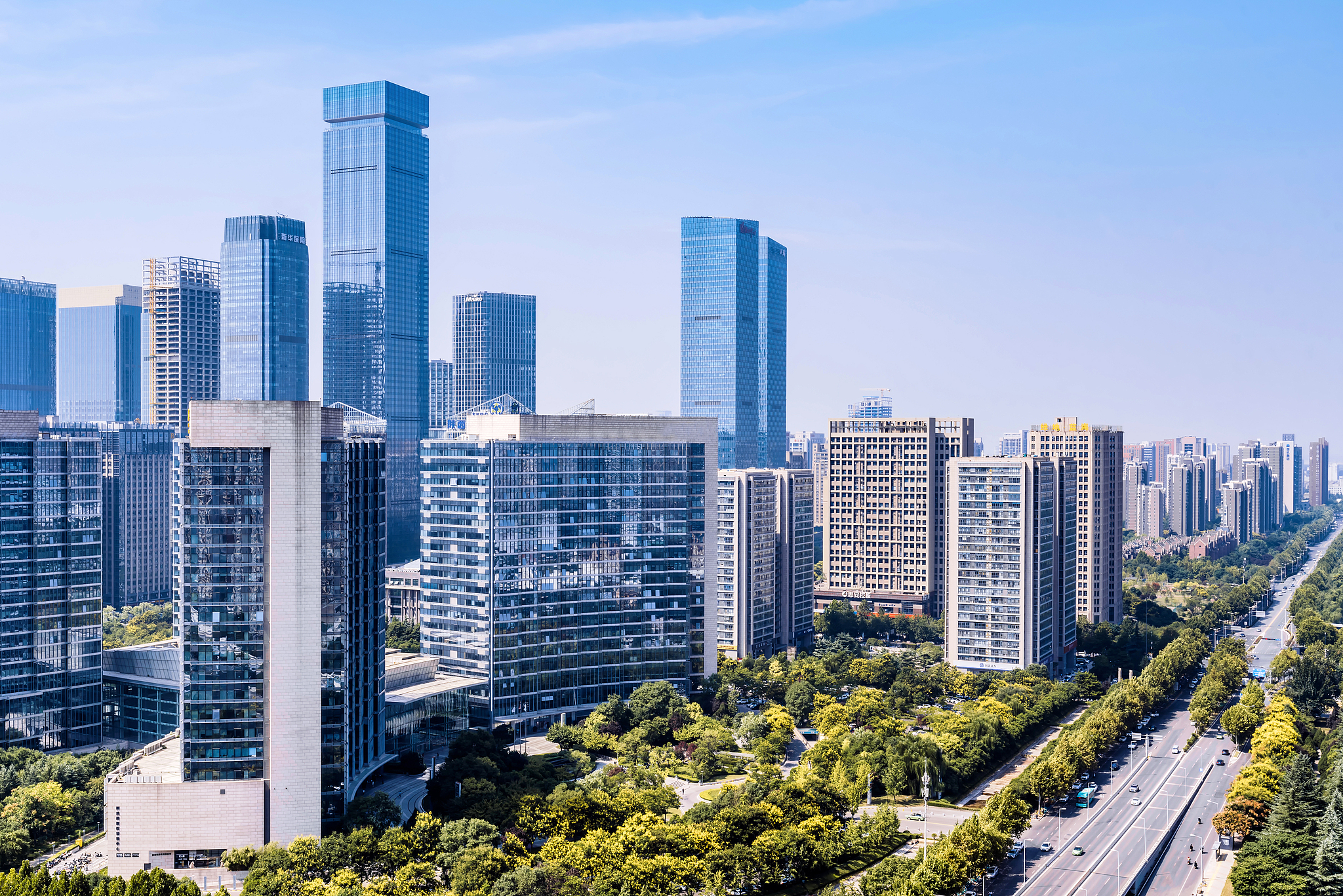 A high-angle view of the skyline and streets of the high-tech CBD area in Xi'an, Shaanxi Province, China. /VCG