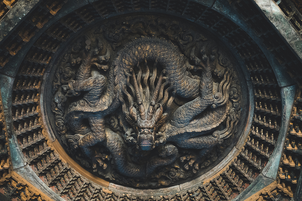 The interior roof structure of the Temple of Agriculture in Beijing, China /VCG